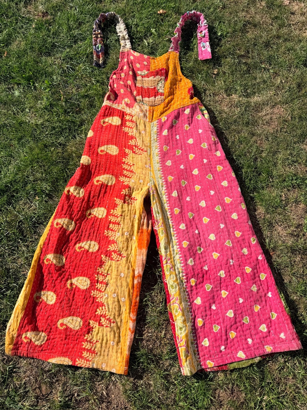 Bohemian Bib Overalls Quilted Patchwork Wide Leg Bell Bottoms Made in India One